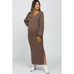 PinkBlush Taupe Side Slit Maternity Maxi Sweater Dress - 1 of 4