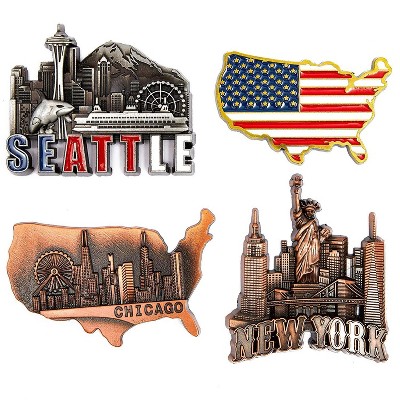 4 Pack New York, Chicago, Seattle, US Flag Decorative Magnets for Fridge Refrigerator Locker