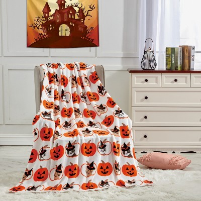Halloween Cats and Pumpkins Knitted Machine Washable Throw Blanket