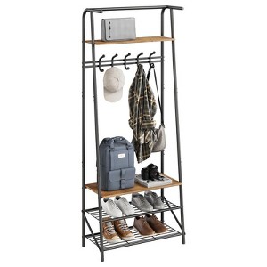 Single row Coat Rack Shoe Bench Organizer with 5/10 Hooks, 4 in 1 Entry Hallway Coat Rack with Storage Function, Metal Frame Hallway Organizer, Wood - 1 of 4