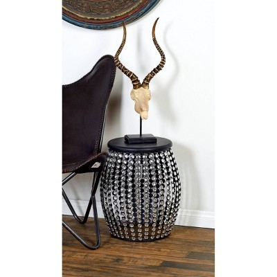 Glam Black Iron and Wood Round Accent Table with Crystal Embellishments