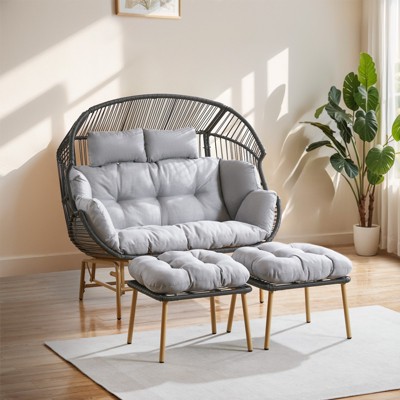 POCASSY 2-Seater Egg Chair Outdoor Glider Chair with Ottomans, All Weather Wicker Rattan Hammock Egg Chair with Head Pillow