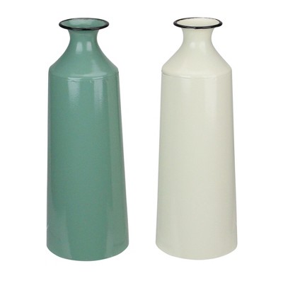 Melrose Set of 2 Green and Cream Farmhouse Metal Vases 12”