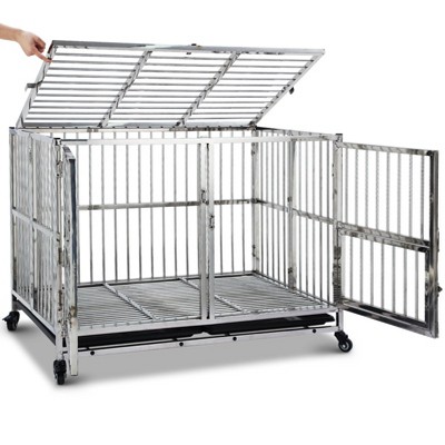 48-in Heavy Duty Dog Crate Cage Kennel with Wheels, Full Stainless Steel High Anxiety Indestructible Dog Crate