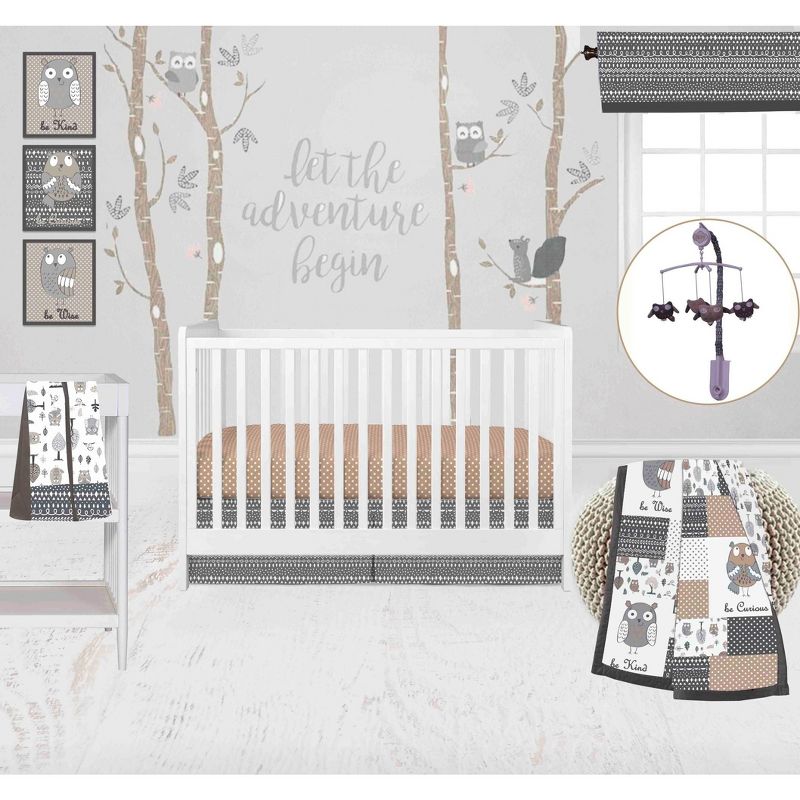 Bacati - Owls in the Woods Beige/Gray 10 pc Crib Bedding Set with 2 Crib Fitted Sheets, 1 of 12