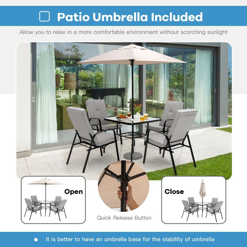 Costway 6PCS Patio Dining Set Stackable Chairs Cushioned Glass Table W/Umbrella, 5 of 11