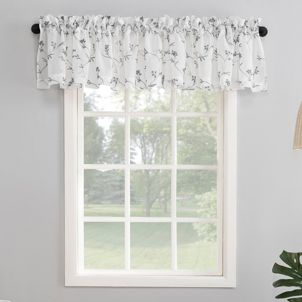 Photos - Curtain Rod / Track 17"x50" Delia Embroidered Floral Sheer Rod Pocket Curtain Valance White/Gr