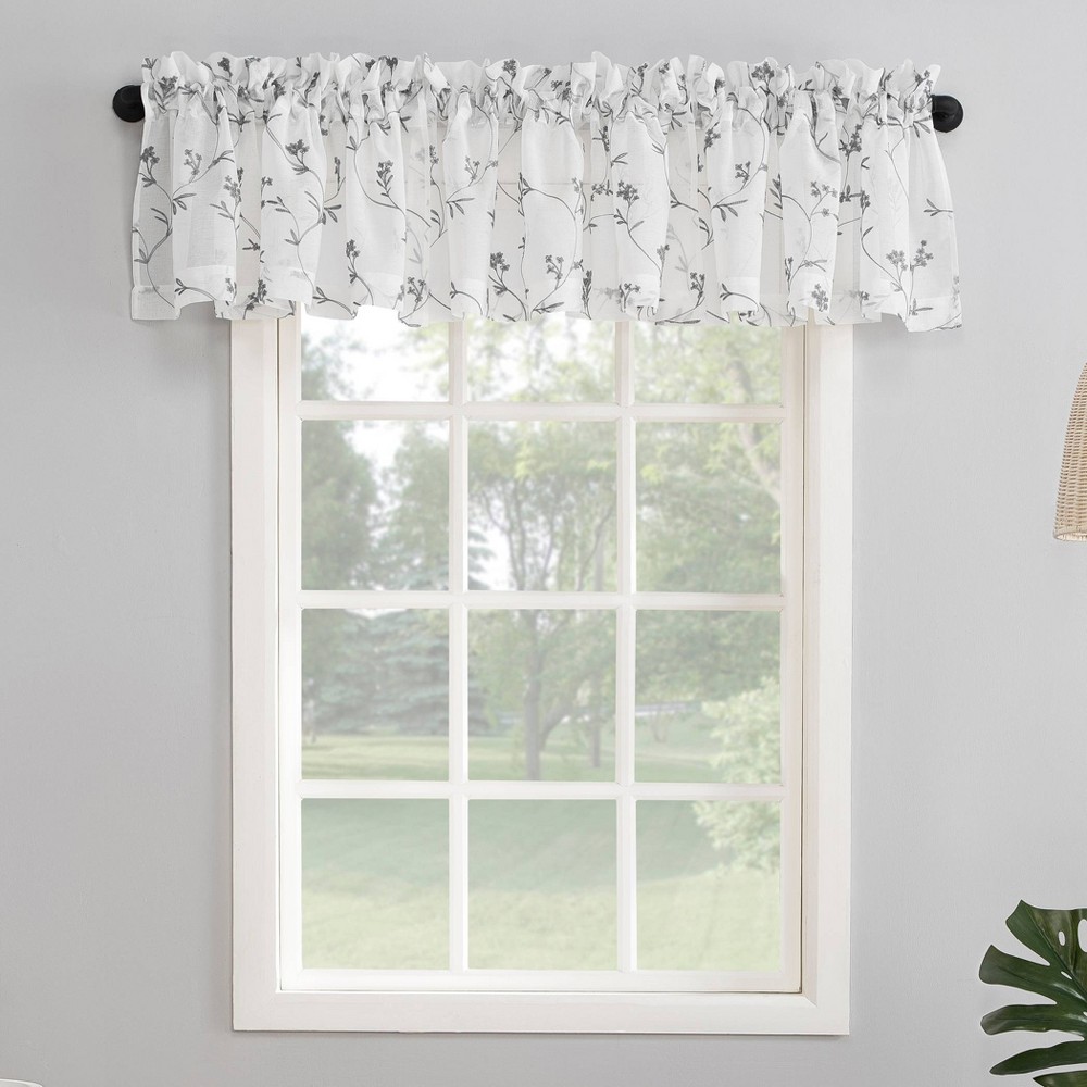 Photos - Curtain Rod / Track 17"x50" Delia Embroidered Floral Sheer Rod Pocket Curtain Valance White/Gray - No. 918: Botanical Window Valance