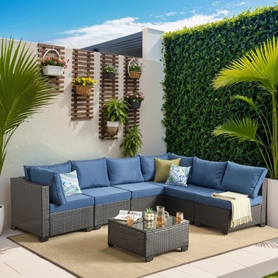 XIZZI Modular Patio Furniture Set, Outdoor Sofa Set with Corner Units, Center Sofas & Coffee Table, Durable & All-Weather Design, 7 Pcs/Set, Dark Blue