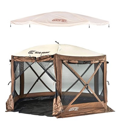 CLAM Quick-Set Pavilion 12.5 x 12.5 Ft Portable Pop-Up Outdoor Camping Screen Shelter Tent, Brown Bundled with Canopy Rain Cover Rain Fly Tarp, Tan