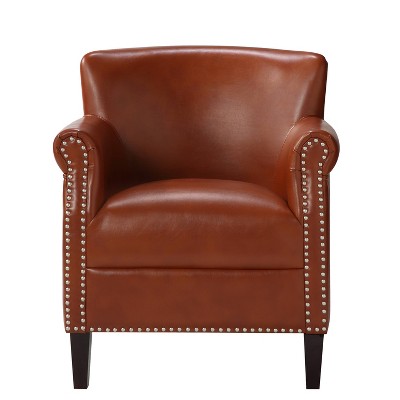 Caramel Leather Club Accent Chair with Wood Frame