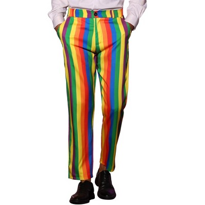 Lars Amadeus Men's Regular Fit Flat Front Color Block Rainbow Striped Trousers
