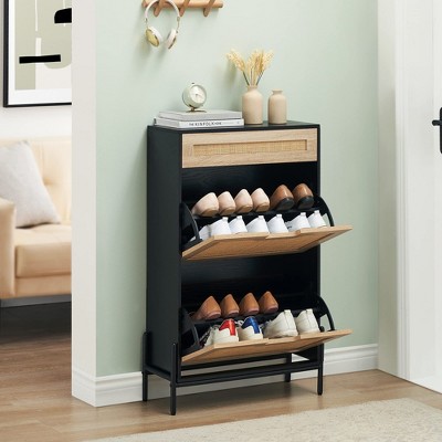 2 Flip Drawers Shoe Storage Cabinet with 1 Drawer, Rattan Shoe Organizer with Metal Legs, Freestanding Narrow Shoe Rack Cabinet for Entryway