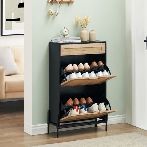 2 Flip Drawers Shoe Storage Cabinet with 1 Drawer, Rattan Shoe Organizer with Metal Legs, Freestanding Narrow Shoe Rack Cabinet for Entryway - 1 of 4