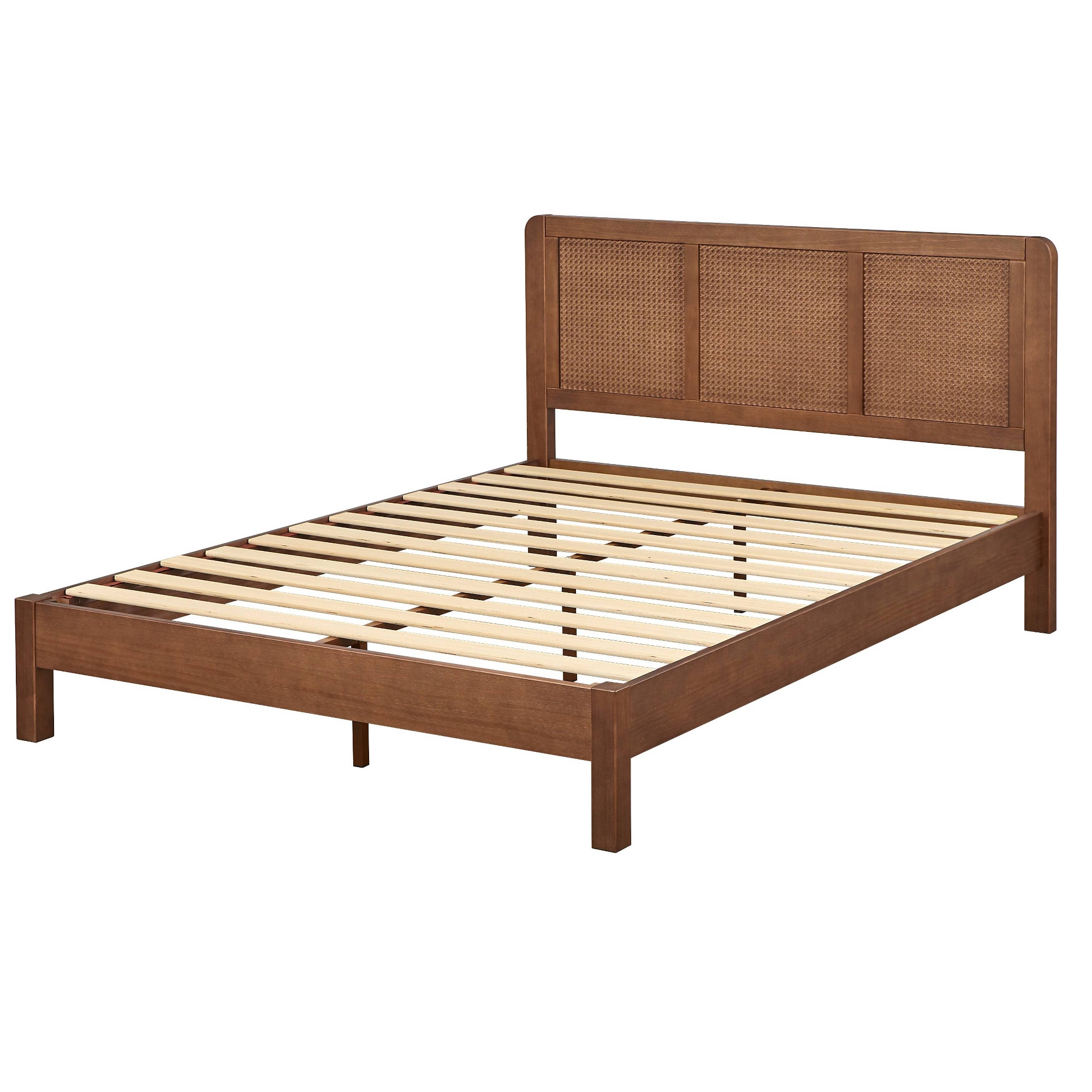 Lifestorey Queen Larkin Faux Rattan Panel Platform Bed Walnut: Bohemian Style, MDF & Pine Frame, No Box Spring Needed