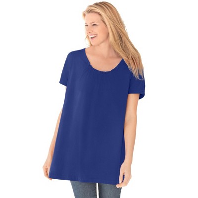 Woman Within Plus Size Perfect Short-Sleeve Shirred U-Neck Tunic