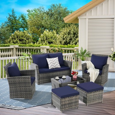 6 Piece Wicker Patio Furniture Sets with Ottoman and Tempered Glass Coffee Table