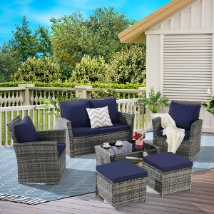 6 Piece Wicker Patio Furniture Sets with Ottoman and Tempered Glass Coffee Table - 1 of 4