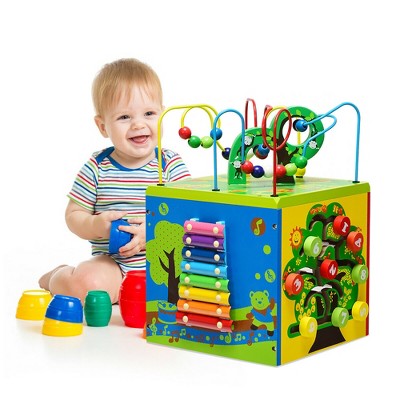 Costway 5-in-1 Wooden Activity Cube Toy Educational Learning Bead Maze w/ Rotatable Base