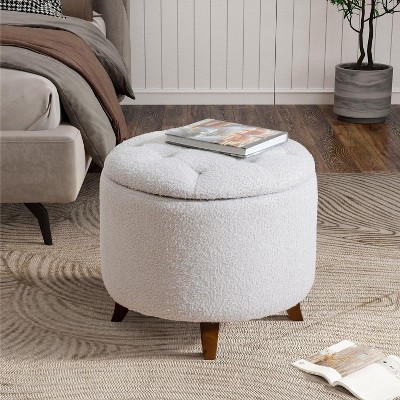Kumasinova 17.5"H Round Teddy Fleece Storage Ottoman with Cover Lid,Small Pouf Accent Ottoman for Living Room,Bedroom Footstool,250lbs Max