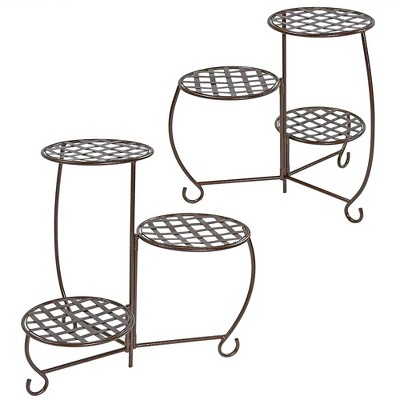 Sunnydaze Indoor/Outdoor Steel Decorative Checker Top 3-Tiered Flower Plant Stand Display - Bronze - 2pk