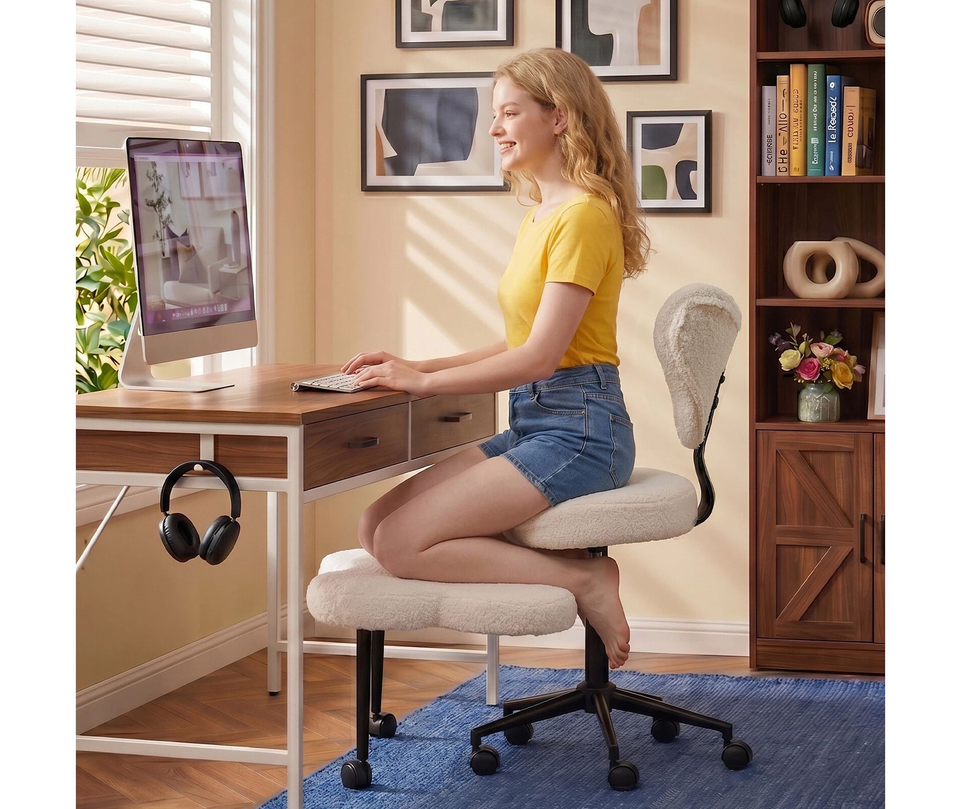 Pinmoco Ergonomic Criss Cross Office Chair, Height Adjustable Meditation Chair, 360° Swivel, Lumbar Support, Task and Office Chair, ADHD Chair, Beige