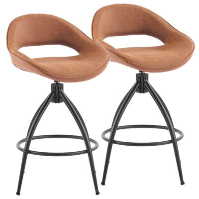 Karl Home 2 Piece Set of Brown Swivel Bar Stools with Hollow - out Backrest, PU Upholstery & Powder