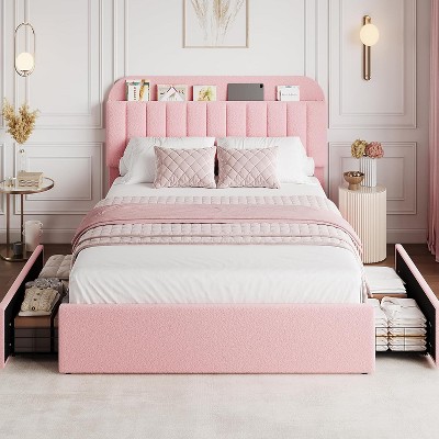 Bed Frame with 2 Flexible Drawers and Bookcase Headboard, Boucle Upholstered Platform Bed Easy Assembly, No Box Spring Needed