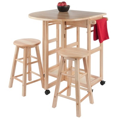 Light Wood Folding Table with 2 Stools and Wheels