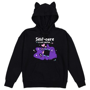 Tasty Peach Self-Care Is Not Selfish Women's Black Long Sleeve Hooded Sweatshirt With 3D Ears - 1 of 2
