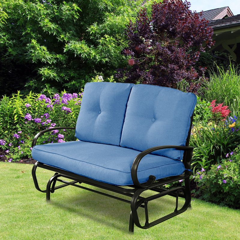 Costway Glider Outdoor Patio Rocking Bench Loveseat Cushioned Seat Steel Frame Blue, 3 of 11