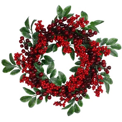 Northlight 18" Unlit Red Berries and Two-Tone Green Leaves Artificial Christmas Wreath