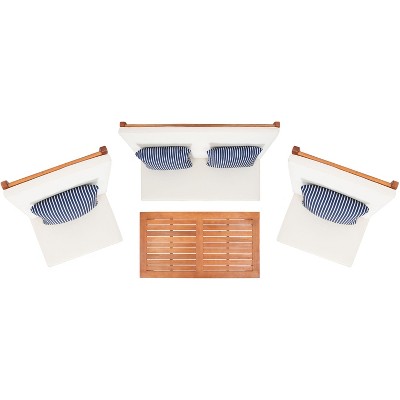 Natural Wood 4-Piece Patio Set with Beige Cushions and Navy Striped Pillows