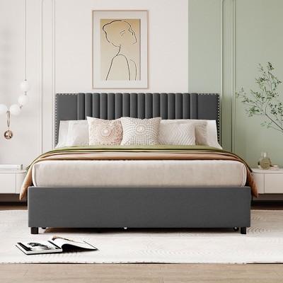 KTMBDW Full/Queen Size Bed Frame Upholstered Platform Bed with 2 Drawers and 1 Trundle, Fully Upholstered Mattress Foundation, No Box Spring Needed.