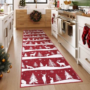 Christmas Area Rug, Reindeer Print Washable Soft Carpet with Non Slip Backing, Low Pile Stain Resistant Floor Mat for Living Room, Bedroom - 1 of 4
