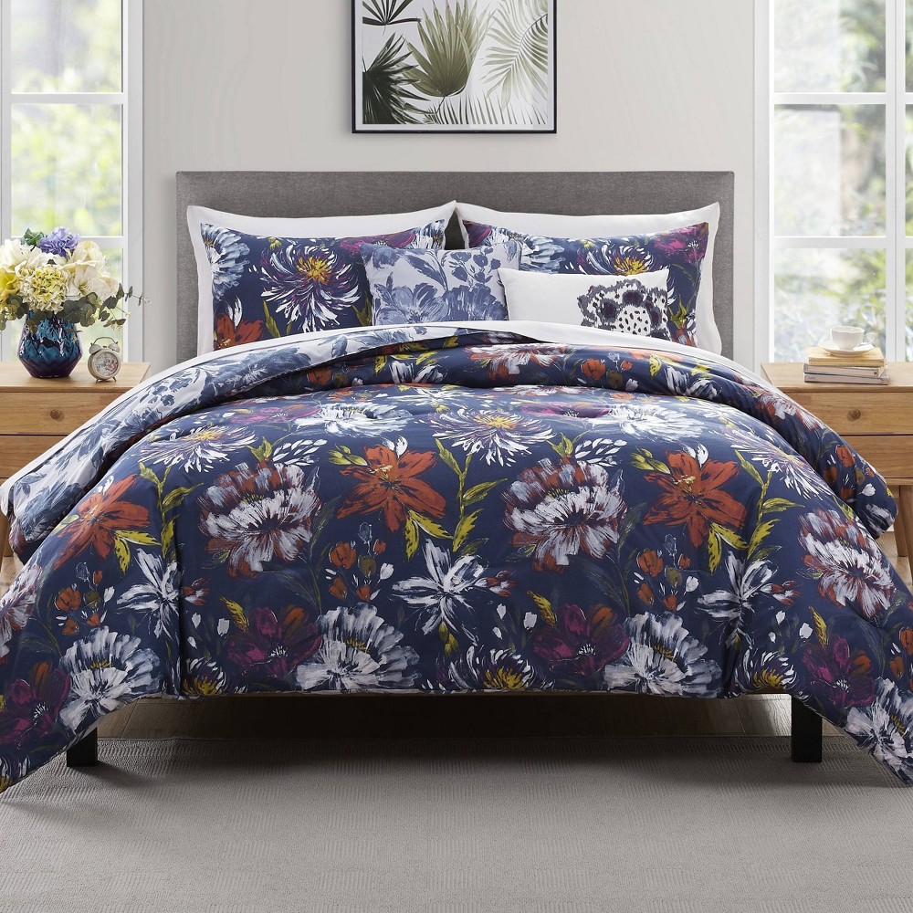 Photos - Bed Linen 5pc King Danny Reversible Floral Comforter Set Dark Blue - VCNY: Includes Shams & Decorative Pillows