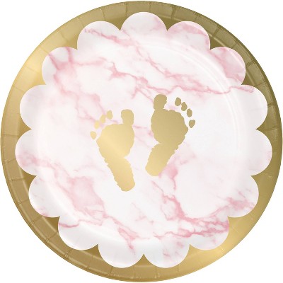 24ct Marble Baby Shower Footprints Disposable Dinnerware Dessert Plates Pink