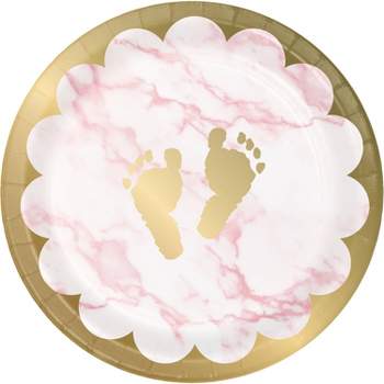 24ct Marble Baby Shower Footprints Disposable Dinnerware Dessert Plates Pink