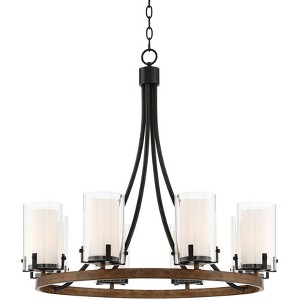 Stiffel Black Wood Wagon Wheel Chandelier 29 1/2" Wide Industrial Clear Outer Frosted Inner Glass 8-Light for Dining Room House - 1 of 4