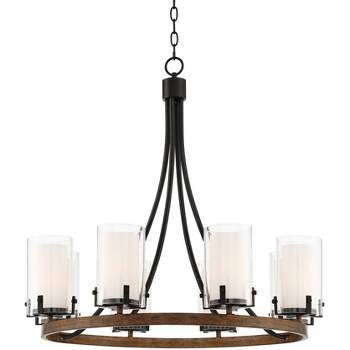 Stiffel Black Wood Wagon Wheel Chandelier 29 1/2" Wide Industrial Clear Outer Frosted Inner Glass 8-Light for Dining Room House