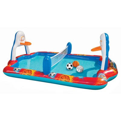 Banzai Outdoor Inflatable Sports Arena 4 In 1 Play Center Water Park Pool with Soccer, Volleyball, and Basketball Sports Ball, Ages 3+
