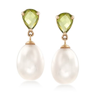 Ross-Simons 1.90 ct. t.w. Peridot and 10-10.5mm Cultured Pearl Drop Earrings in 14kt Yellow Gold