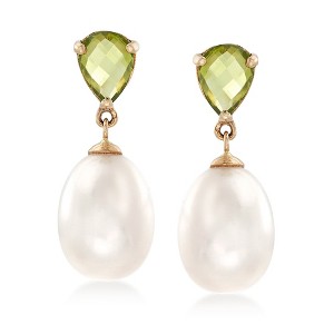Ross-Simons 1.90 ct. t.w. Peridot and 10-10.5mm Cultured Pearl Drop Earrings in 14kt Yellow Gold - 1 of 3