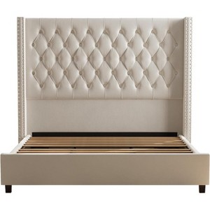 Bed Frame with 61.4" Headboard,Velvet Tufted and Handmade Pleat Deep Button - 1 of 4