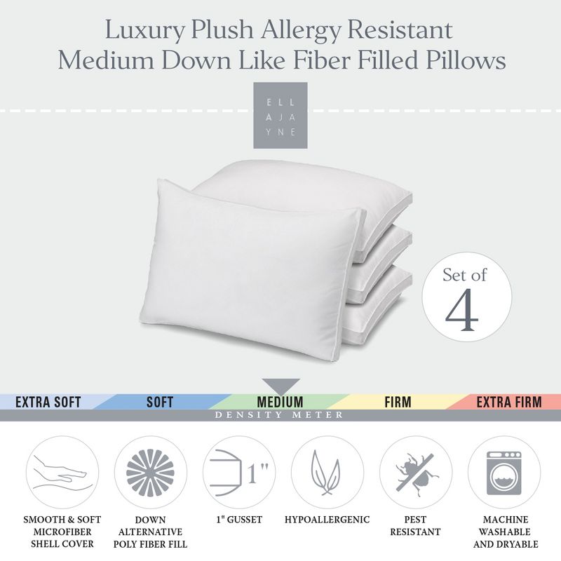 Ella Jayne Gusseted Medium Density Plush Down Alternative Pillow, for All Sleep Positions, Set of 4, 1 of 6