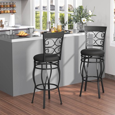 Set of 2 Black Metal Swivel Bar Stools with Upholstered Seats