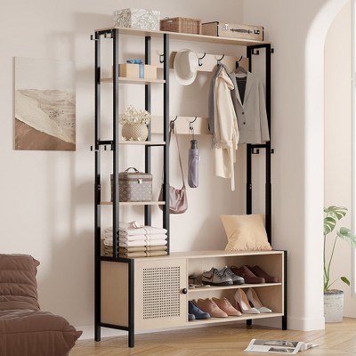 VECELO Hall Tree with Bench and Shoe Storage, 5-in-1 Entryway Coat Rack with 9 Hooks, 2-Tier Storage Shelves and Rattan Doors, Beige