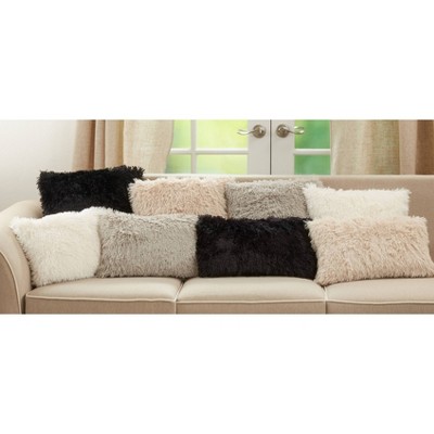 Fog Gray Rectangular Faux Fur Throw Pillow with Down Filling