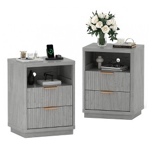 Fluted Farmhouse Night Stand, Fluted Nightstand with Charging Station, FlutedNightstand Bedroom with Drawers, Modern Mid Century Bedside Table - 1 of 4