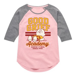 Girls' - Peanuts - Good Grief Academy Shirt Tail Raglan Graphic T-shirt - 1 of 4